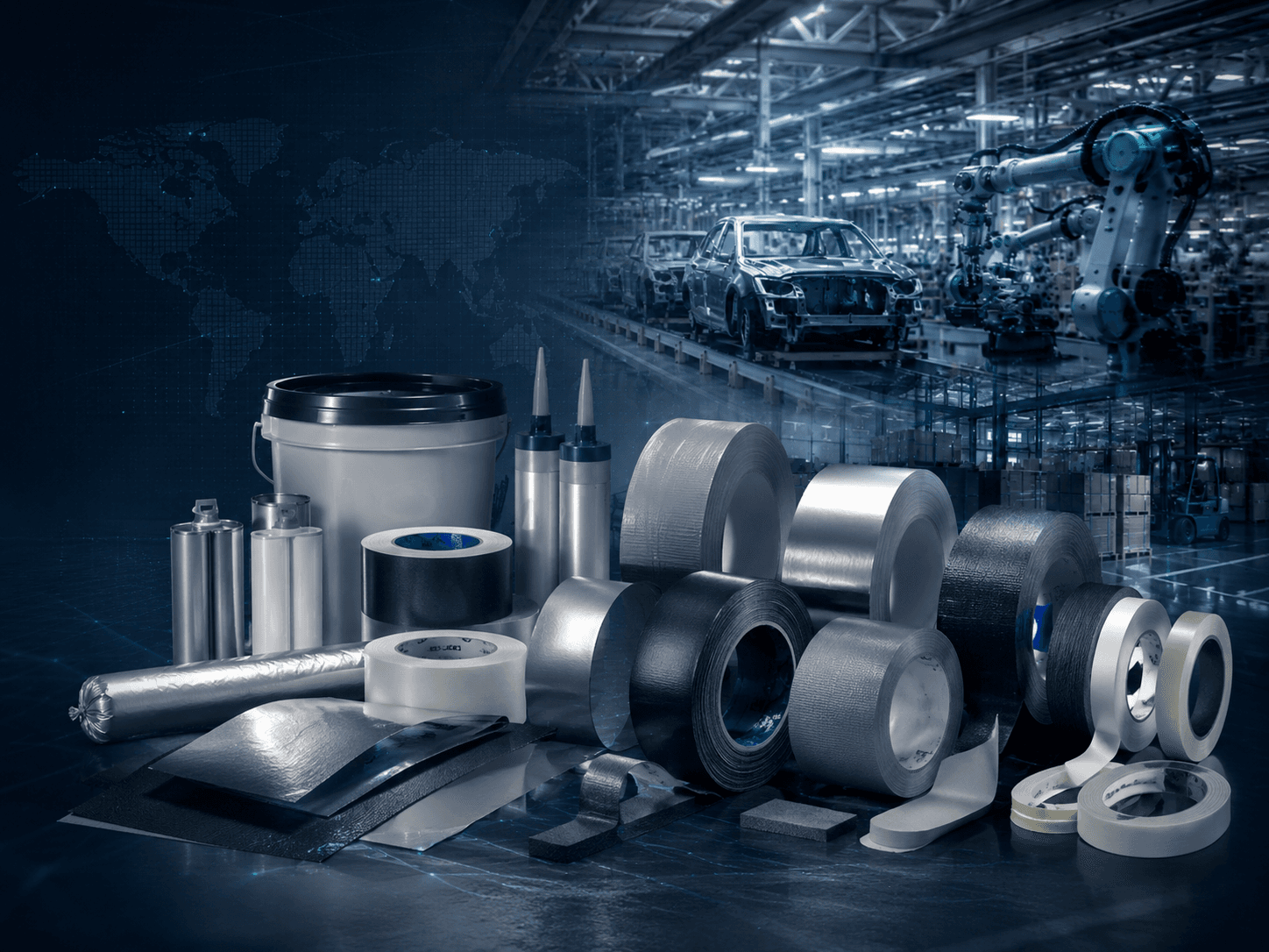 Industrial adhesive tapes, duct tape and adhesive materials