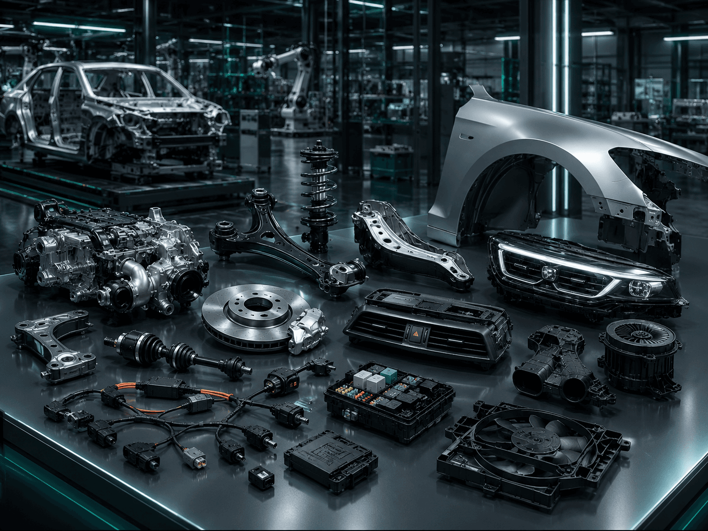 Automotive parts — body panels, suspension, electrical and engine components