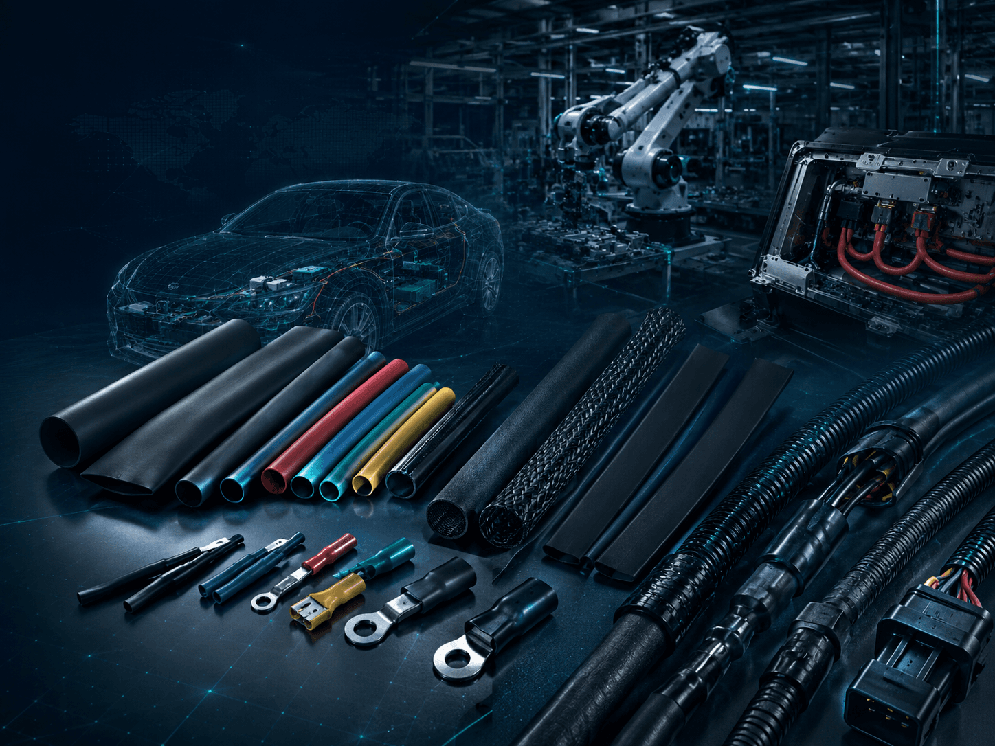 Heat shrink tubing in multiple colors with wiring harness connectors