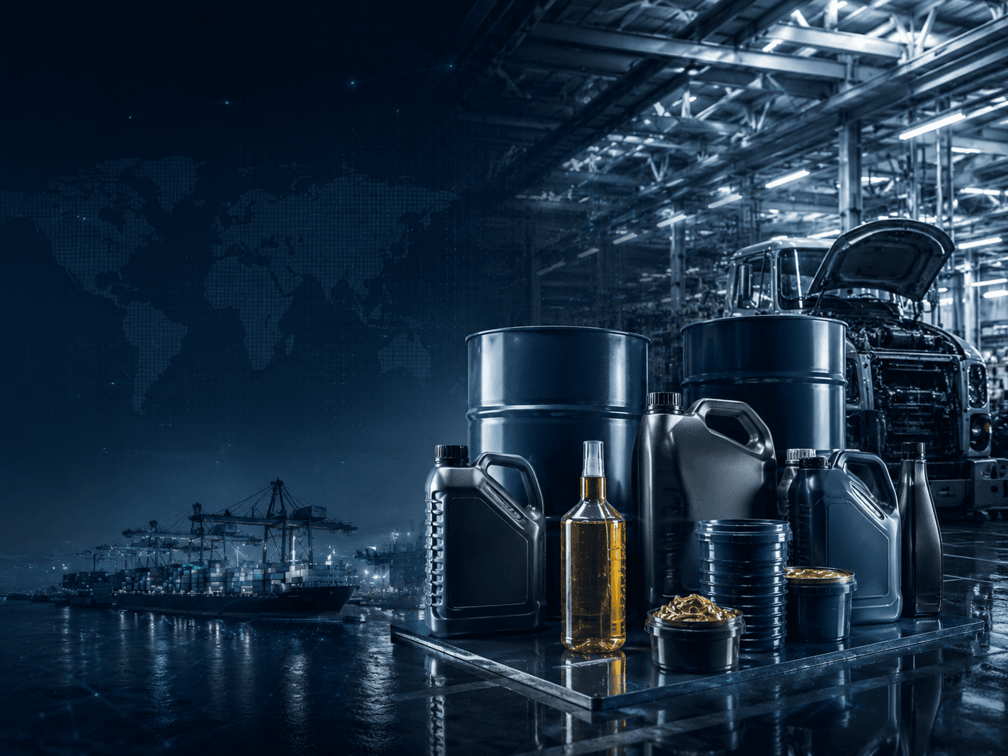 Industrial lubricants and oils with shipping port in the background