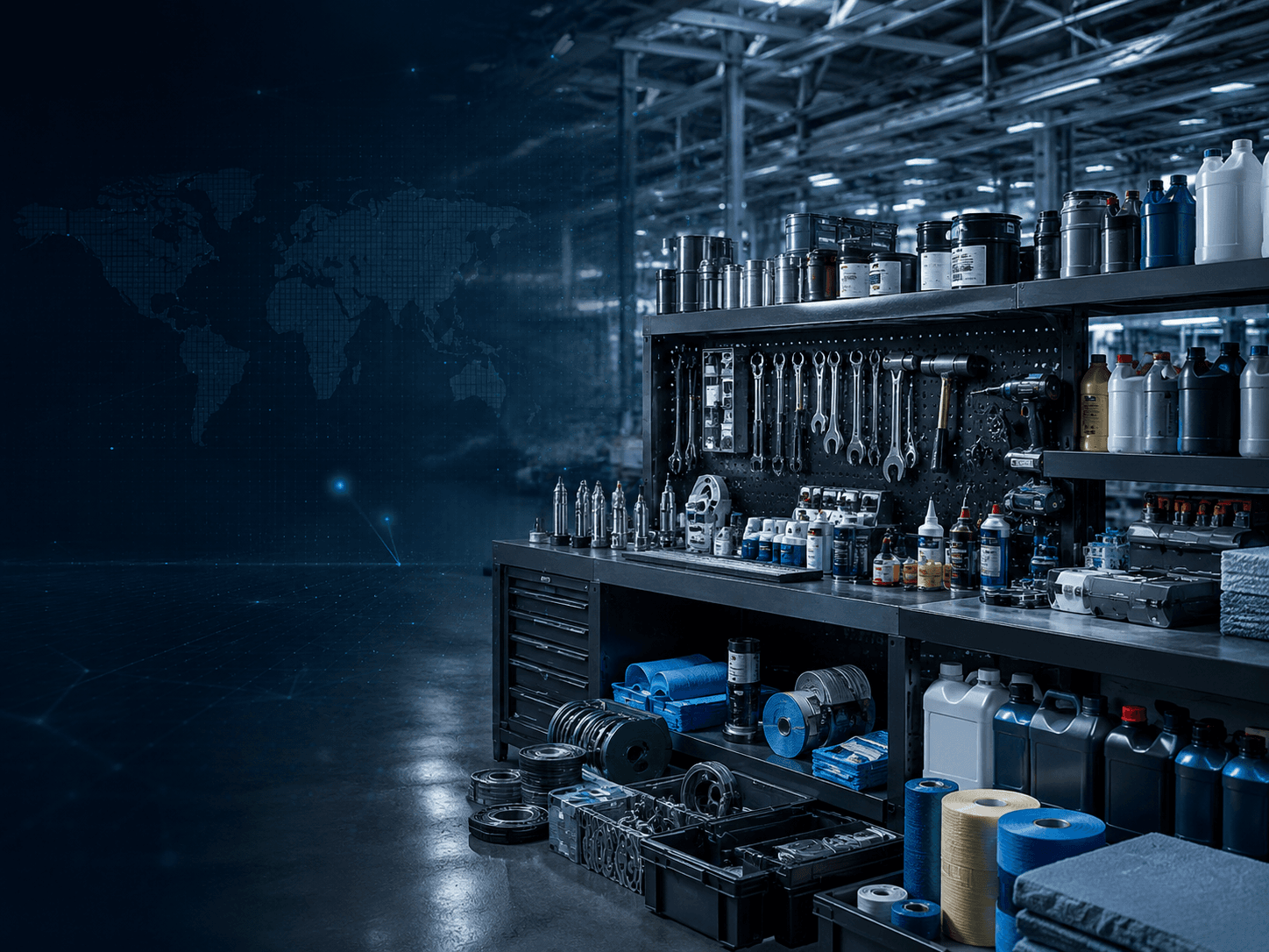 MRO workbench with tools, lubricants and maintenance consumables