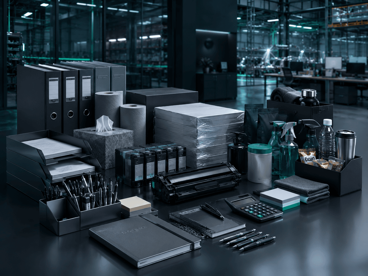 Office supplies and stationery arranged on an industrial workspace