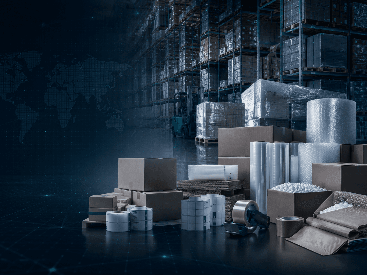 Export packaging materials with warehouse pallets in the background