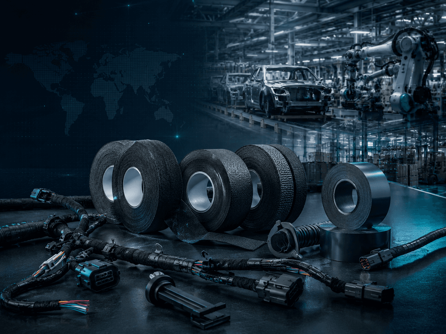 Automotive wire harness tapes with harness assemblies